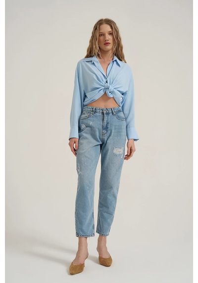 Yırtık Detaylı Denim Pantolon Buz Mavi Mavi