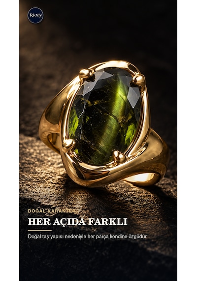 Riody Oil De Minuit Gold Kaplama Doğal Kedi Gözü Taşlı Açık Form Kadın Yüzük Altın Sarısı
