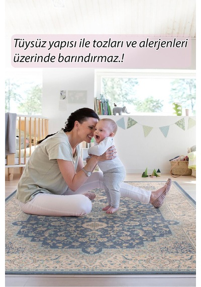 Foldy Vintage Desenli Dokuma Taban Dekoratif Mavi Halı Fl 32 Mavi 3
