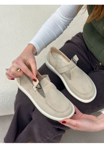 Erva'nın Butiği Bej Süet Olivia Toka Detaylı Kadın Loafer-6000
