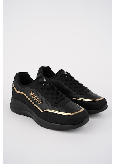 Muggo Coco Garantili Kadın Ortopedik Günlük Bağcıklı Şık Rahat Sneaker Spor Ayakkabı Siyah - Altın