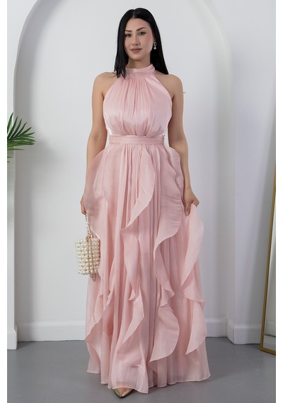 Kalopya Halter Yaka Eteği Fırfırlı Saten Elbise Eli6073 Pembe