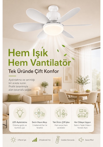 Goes Tavan Vantilatörü Led Işık 3 Kademe Hız Modu Sessiz 52 Cm Çap 6 Kanat Kumandalı Vantilatör