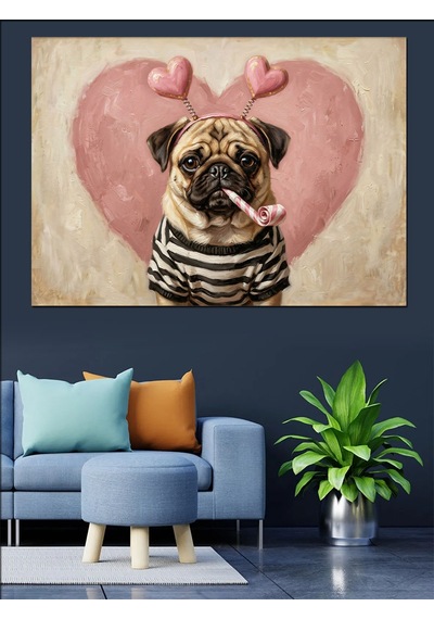 Kalp Balonlu Sevimli Pug Köpeği Dekoratif Kanvas - Mdf Ahşap Tablo
