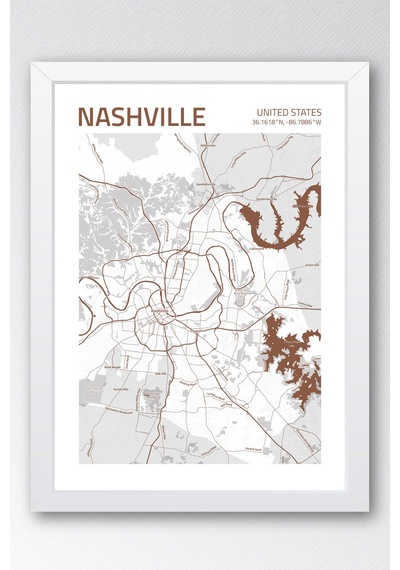Nashville Abd Haritası Çerçeveli Tablo Lüks Salon Ofis Duvar Dekorasyonu Hediyelik Tablo Beyaz