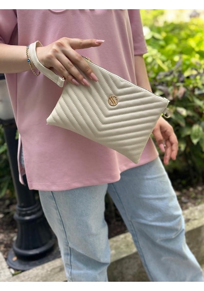 Kadın Suni Deri Krem Renkli Ayarlanabilir Çapraz Ve El Askılı Portföy, Clutch Çanta Krem