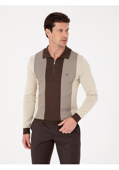 Cacharel Kahverengi Slim Fit Pamuk Karışımlı Fermuarlı Polo Yaka Triko Kazak