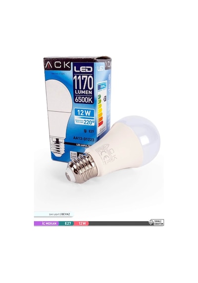 ACK LED A60 Ampul 6500K Beyaz Işık 220V 12W E27