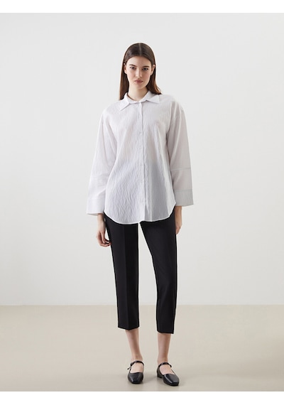 Lcw Modest Ekru Çizgili Oversize Kadın Gömlek Tunik