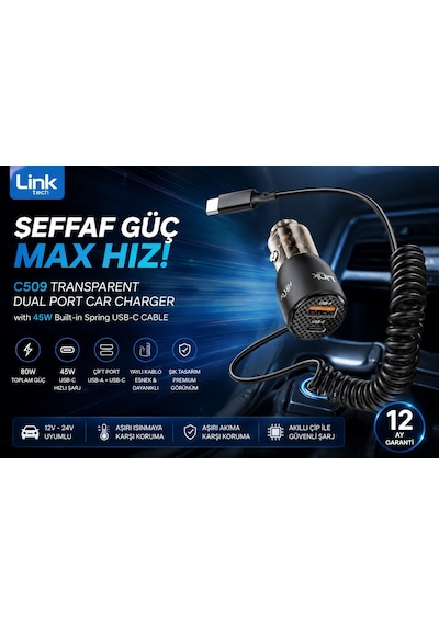 Linktech Araç Çakmaklık Süper Hızlı Şarj Aleti - 12v/24v Şeffaf Çift Pd & Qc Tip-c Kablolu 80w Süper