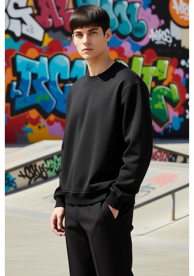 Benerly Erkek Bisiklet Yaka Düşük Kol Oversize Kalın Nakışlı Sweatshirt F siyah