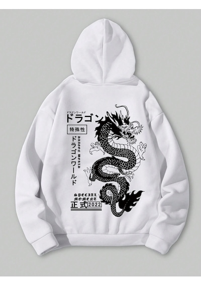 Startmore Anime Guys Dragon & Letter Graphic Drawstring Lined Hoodie Beyaz Beyaz