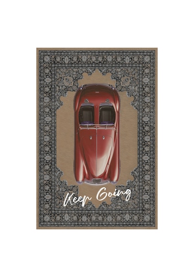 Retro 103 Bej Kırmızı Vintage Retro Araba Keep Going Yazılı Tasarım Halı Salon Oturma Ev Oda Halısı