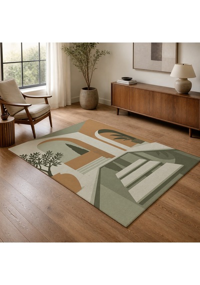 Kartela Halı Avlu Mimari Desenli Modern Halı Adaçayı Yeşili Kaymaz Taban 200x300 Cm