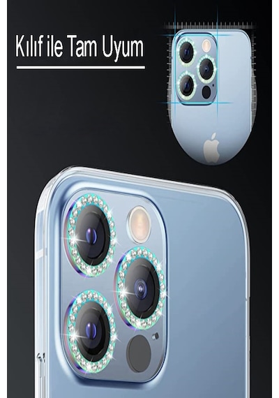 Apple Uyumlu iPhone 13 Mini ile Taşlı Tasarım Temperli Cam Kamera Lens Koruyucu - Gümüş