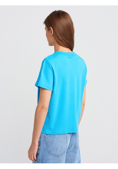 Dilvin 30584 Bisiklet Yaka Pamuklu T-shirt-turkuaz Turkuaz