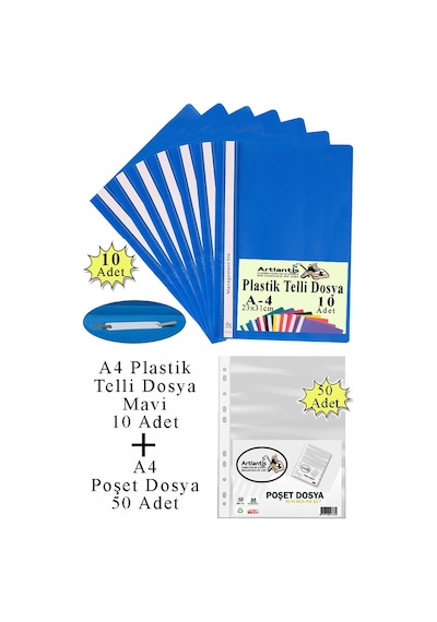 Telli Dosya Plastik A4 10 Lu Ve Poşet Dosya 50 Li 1 Paket Ekonomik Kaliteli Şeffaf Kapak Telli Dosya Okul Büro Ofis Mavi
