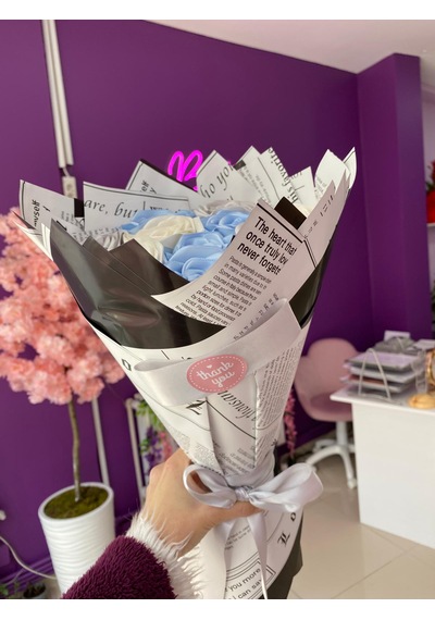 10'lu Açık Mavi, Beyaz Ve Gri Solmayan Saten Gül Buketi Açık Mavi - Beyaz