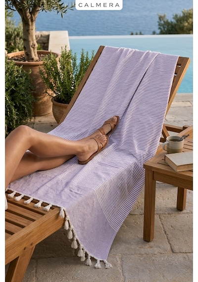Calmera Çizgili Peştemal Pamuk - Doğal Saçaklı Plaj, Deniz, Havuz, Spa, Sauna, Spor, Seyahat Havlu - Lila