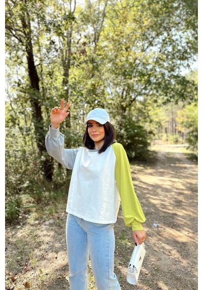 WeShaya Kadın Beyaz Uzun Balon Kol, Yuvarlak Yaka, Kolları Double Color Block Basic Sweatshirt Bluz Beyaz