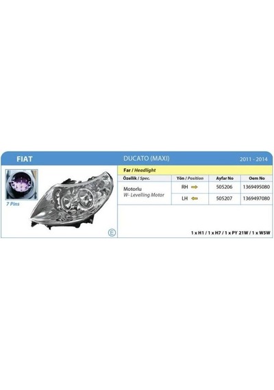 Ayfar Far Sol Elektrıklı Motoru Uzerınde Ducato Boxer Jumper Iıı 06 14 E Sertıfıkalı 7 Pınlı AOD-AYFAR 505207