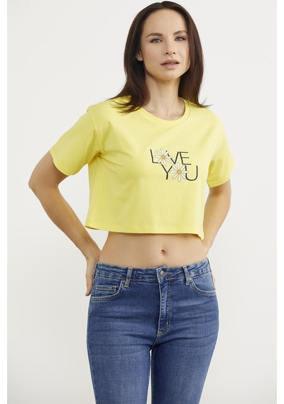 Oversize Baskılı Crop Tişört - Sarı Sarı