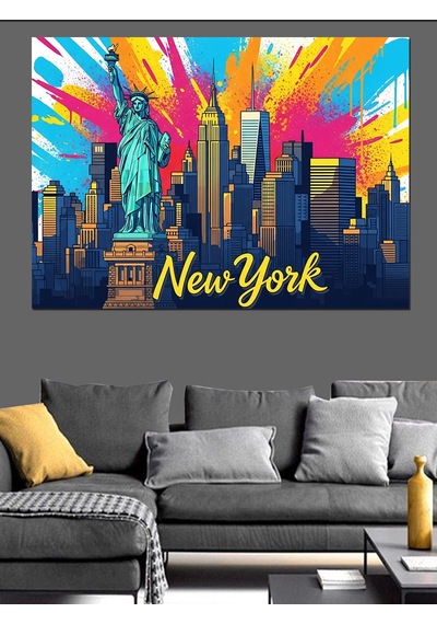 Renkli New York Özgürlük Heykeli Dekoratif Kanvas - Mdf Ahşap Tablo