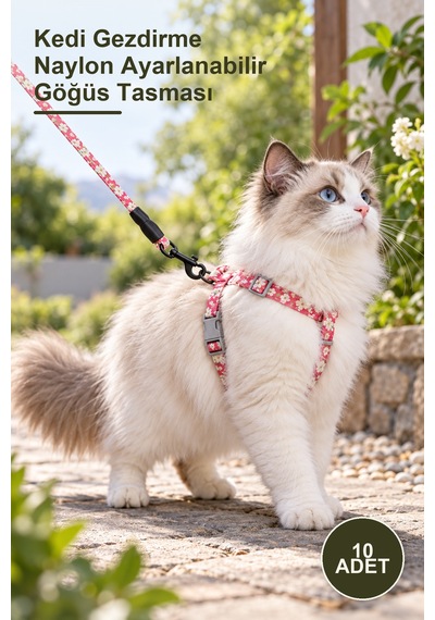 10 Adet Kedi Gezdirme Naylon Ayarlanabilir Göğüs Tasması