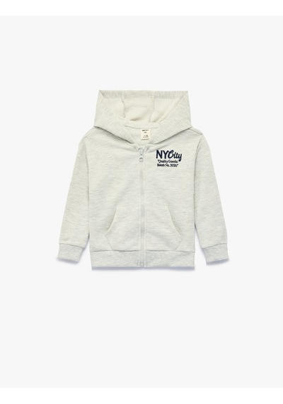 Koton Nakış Detaylı Uzun Kollu Kapşonlu Fermuarlı Oversize Sweatshirt Gri Melanj 7wmb10056tk