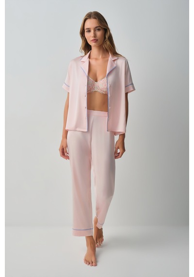 Suwen Clara Gömlek Yaka Pijama Takımı Wsh10510061077 Pembe