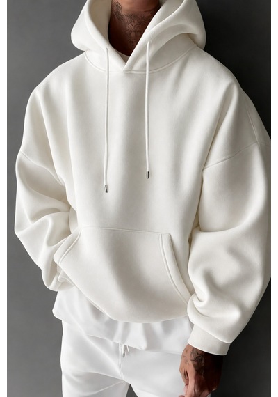 Tarz Cool Regular Kapüşonlu Sweatshirt Erkek Unisex 3 İplik Şardonlu %100 Pamuk Basic Hoodie Beyaz