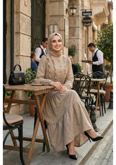 Hb Harma Time Butik Kadın Fırfır Detaylı Düğmeli Keten Turuncu Elbise