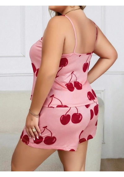 L'ombre Büyük Beden Pembe Kiraz Desen İnce Askılı Pamuklu Şortlu Pijama Takımı