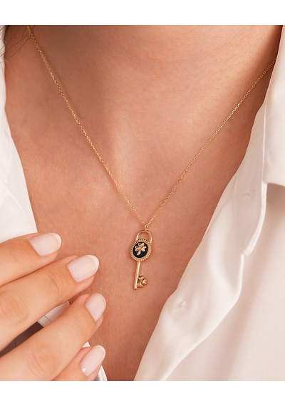 Debora Jewelry 14 Ayar Altın Çiçekli Mineli Kilit Lacivert Kolye