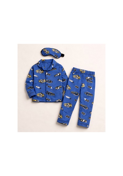 Beka Kids Desenli Uzun Kollu Önden Düğmeli Gömlek Yaka Erkek Çocuk Pijama Takımı Ve Göz Bandı Mavi
