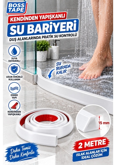 Kendinden Yapışkanlı Su Bariyeri Beyaz 2 Metre 15 Mm Esnek Duşakabin Su Tutucu Bant Su Bariyeri