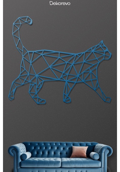 Geometrik Kedi Metal Duvar Tablosu - Metal Duvar Sanatı - Mavi - 40 X 50 Cm