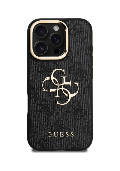 Apple Uyumlu iPhone 16 Pro Max Kılıf Guess Lisanslı Metal 4g Ve Yazı Logolu Kamera Standlı Kapak Siyah