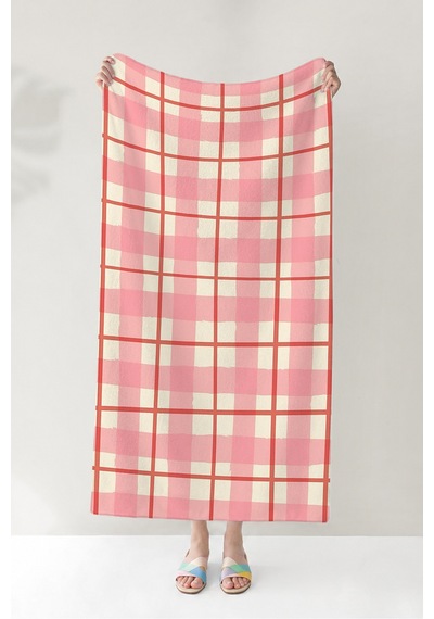 Pembe Ekose Kareli Plaj Havlusu-modern Picnic Stil Hızlı Kuruyan Mikrofiber Havlu Havuz Deniz Banyo Keten İncisi