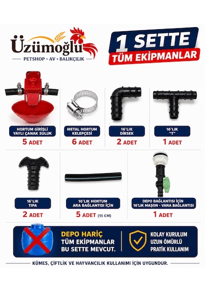 Üzümoğlu 5 Li Hortum Girişli Yaylı Çanak Suluk Seti Otomatik Tavuk Suluk Sistemi 16 Mm Bağlantılı Tam Kurulum Seti