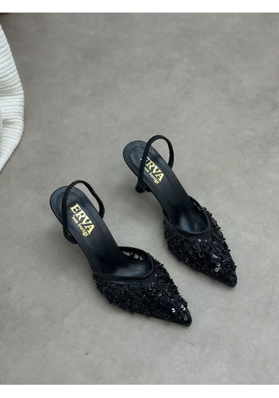 Ervanın Butiği Siyah Pullu Wely Lastikli Kadın Stiletto-6238 Siyah Cilt