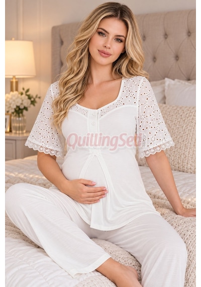 Lady Dantel Detaylı 33207 Kısa Kol 2 Parça Lohusa Hamile Pijama Takımı Ekru Renkli