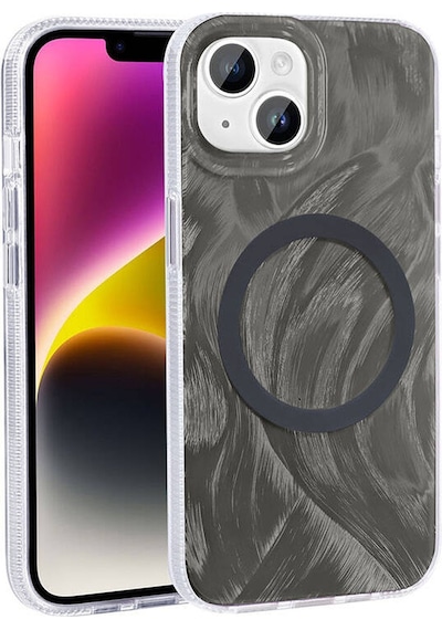 Apple Uyumlu iPhone 15 Plus İle Kılıf Magsafe Şarj Özellikli Fırça Boya Desenli Kapak