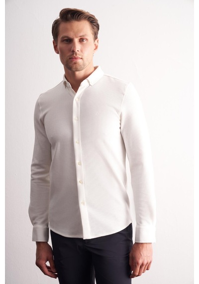 İmza Ekru Uzun Kol Düğmeli Yaka Kendinden Desenli Pamuklu Slim Fit Gömlek 1004255267 Ekru
