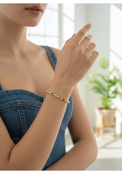Valmont Accessories Kadın Gold Renk Renkli Taşlı Yuvarlak Detaylı Bileklik
