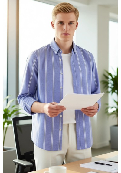 Ersefa Erkek Çizgili Düğmeli Yaka Slim Fit Gömlek Modern Görünüm Günlük Mavi