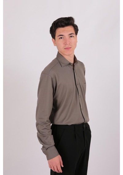 Twın Lıon Twin Lıon 408 Slimfit Örme Düz Gömlek Haki