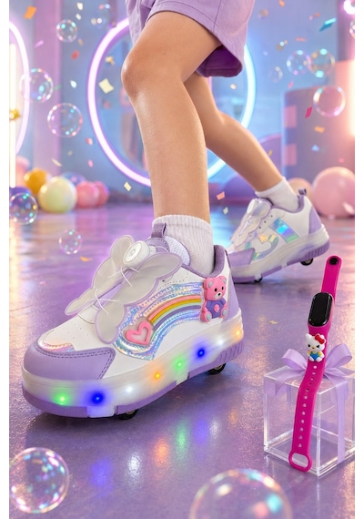 Muggo Colourful Çocuk Işıklı Patenli Tekerlekli Sneaker Spor Ayakkabı Lila