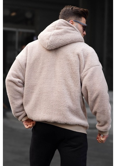 Madmext Bej Peluş Over Fit Kapüşonlu Fermuarlı Erkek Sweatshirt 6049 Bej