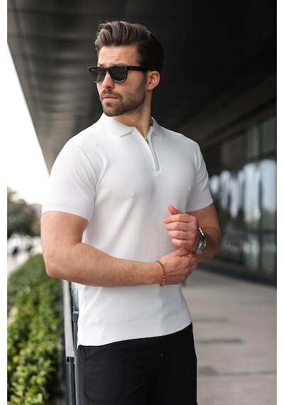 Madmext Beyaz Yarım Fermuarlı Polo Yaka Triko Erkek Tişört E7459 Beyaz